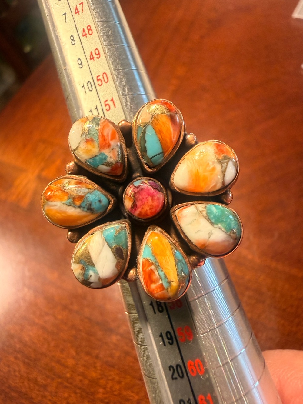 Turquoise & Spiny Oyster Cluster ring set in Copper
Adjustable sets at size 7